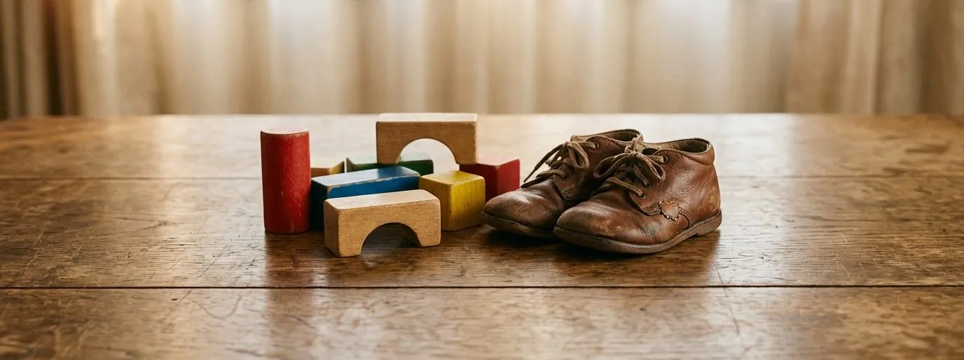Worn wooden building blocks and a pair of well-used leather children's shoes on a wooden table by a window