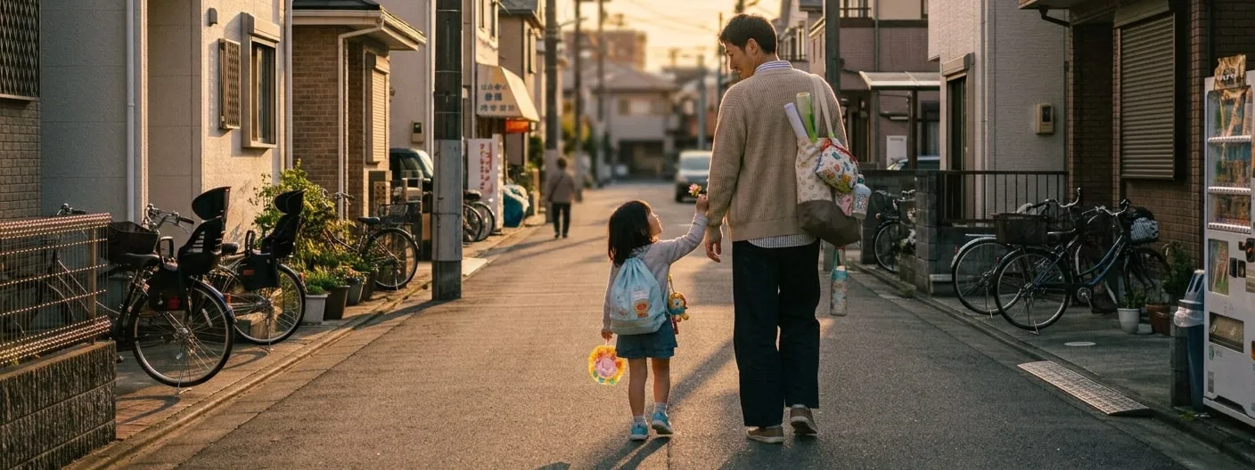 A parent and child walking home hand in hand down a quiet street at dusk, seen from behind