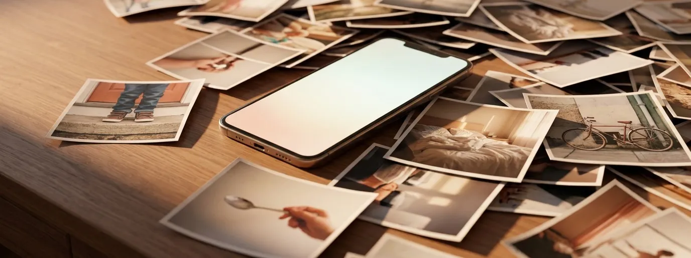 A smartphone lying on a desk, surrounded by printed photographs scattered across it